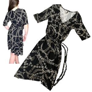 Daisy Fuentes Womens Small Chain DRESS Black Taupe White Belt V Neck Mob Wife